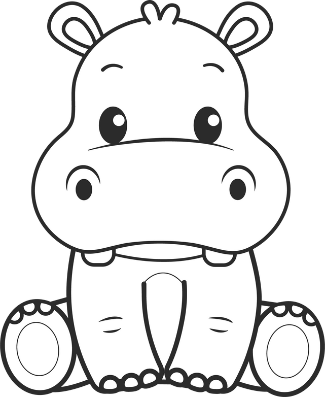 Cute Hippo, Kawaii Hippo  black and white outline for coloring book.