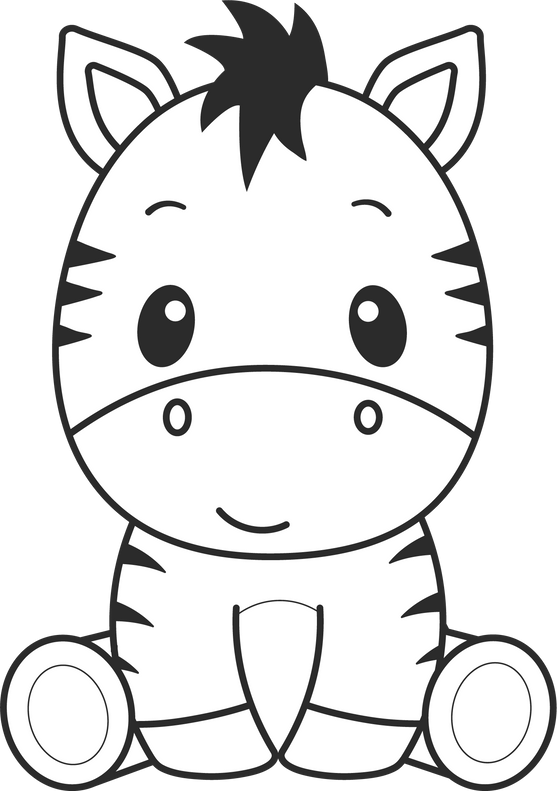 Cute Zebra, Kawaii Zebra  black and white outline for coloring book.